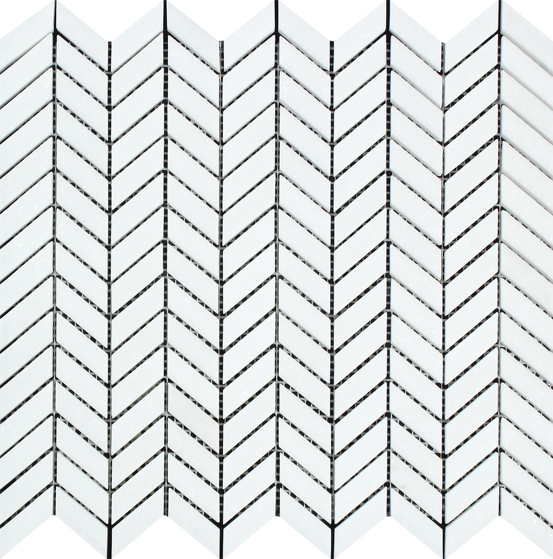 Flat view of Thassos White Mini Chevron Mosaic in polished finish, 12x12 sheet