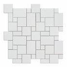 Close-up of Thassos White Mini Versailles pattern showing clean edges and layout