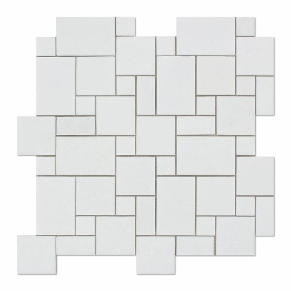 Flat view of Thassos White Mini Versailles mosaic in polished finish