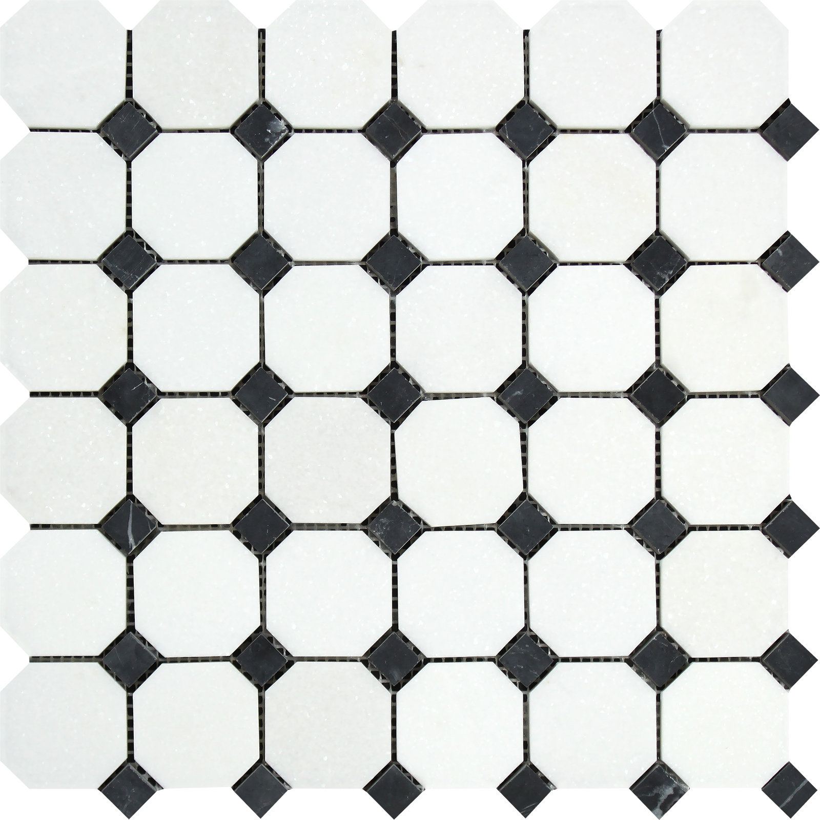 Flat view of Thassos White Octagon Black Dot Mosaic, 12x12 polished sheet