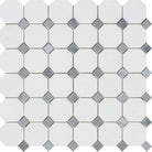 Top view of Thassos White Octagon Blue Dot Mosaic, polished finish