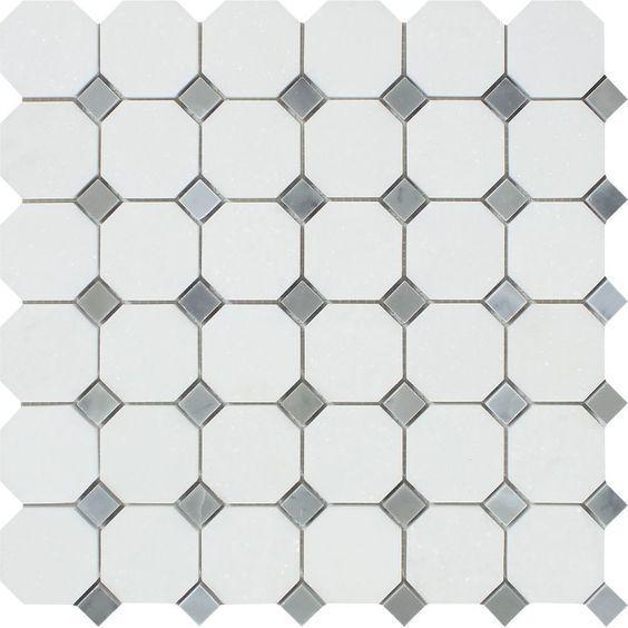 Top view of Thassos White Octagon Blue Dot Mosaic, polished finish