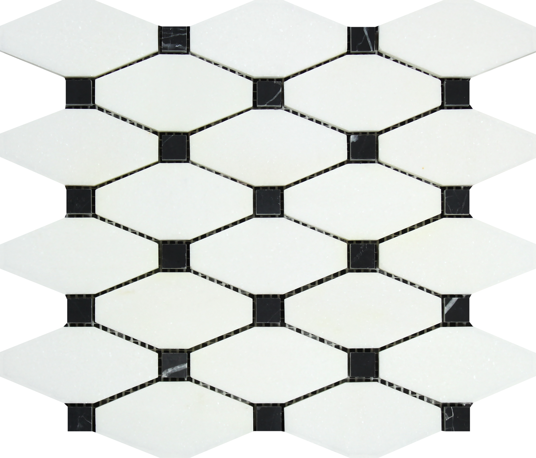 Flat view of Thassos White Octave Mosaic with Black Dots in polished finish, 12x12 sheet