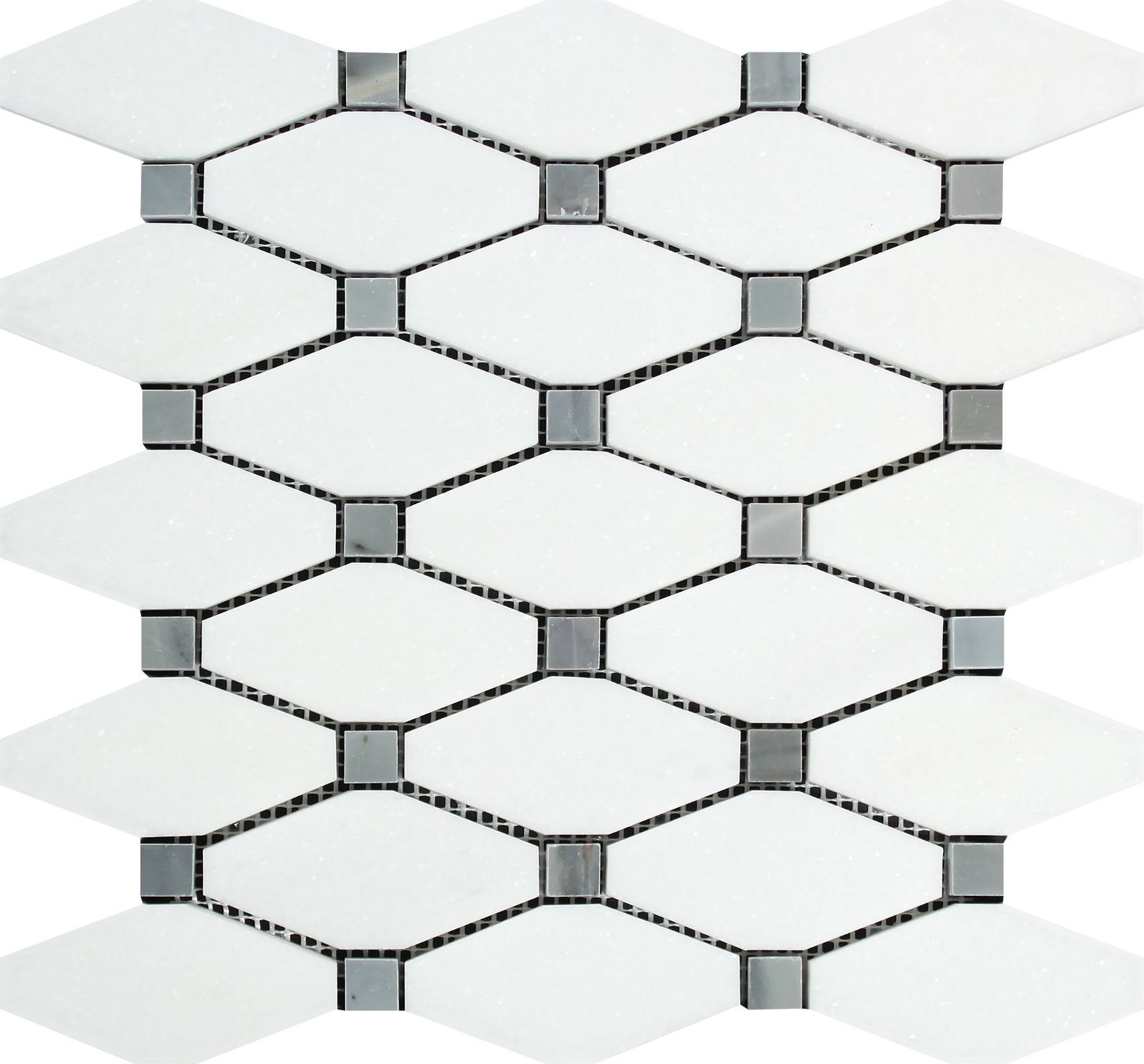 Flat view of Thassos White Octave Mosaic with Blue Dots in polished finish, 12x12 sheet