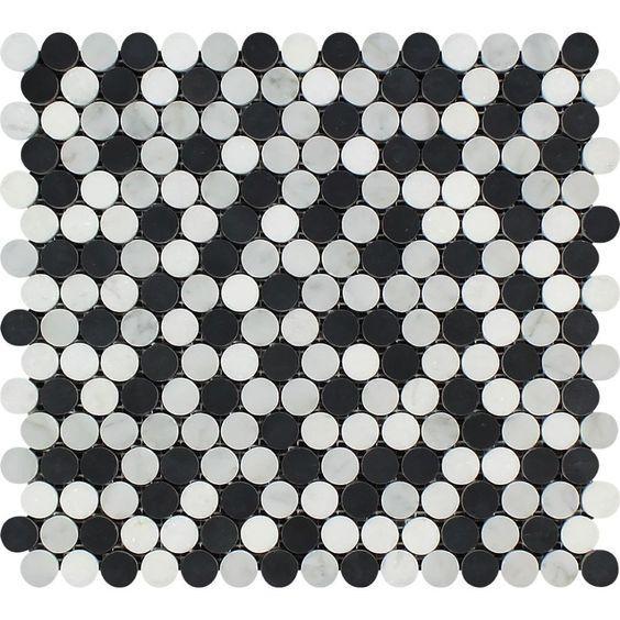 Flat view of Thassos White Penny Round Black Mix Mosaic tile, 12"x12"