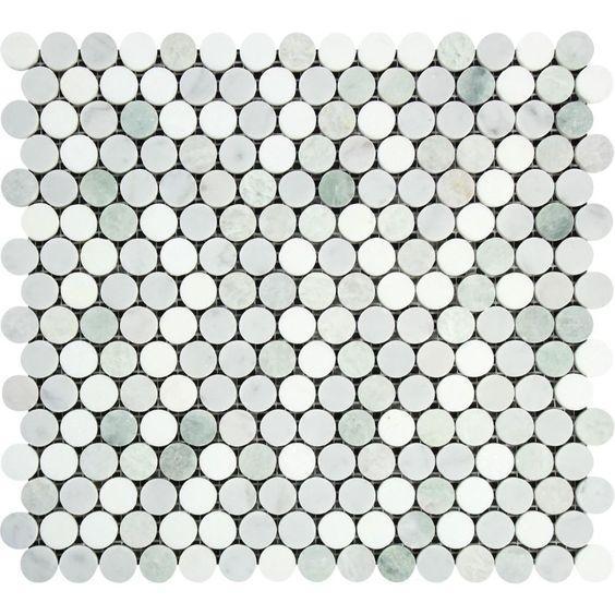 Flat view of Thassos White Penny Round Mix Mosaic tile, 12"x12"