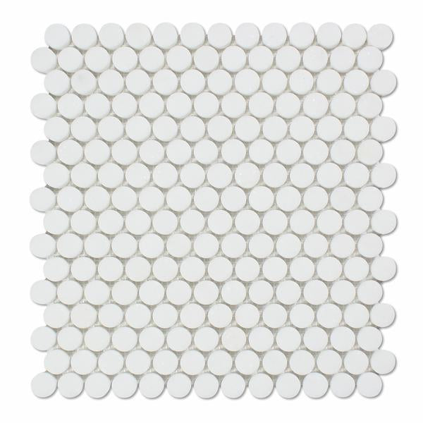 Flat view of Thassos White Penny Round Mosaic tile, 12"x12"