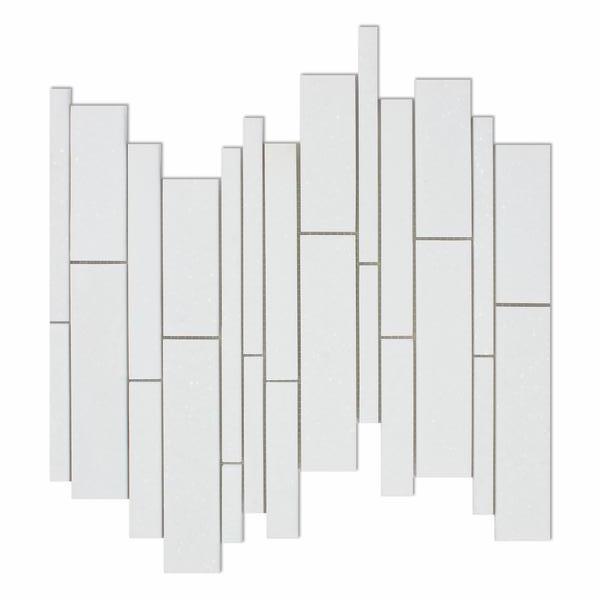 Close-up of Thassos White Random Strip Mosaic showing linear polished marble strips