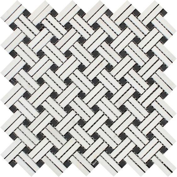 Flat view of Thassos White Stanza Mosaic with black dot inserts