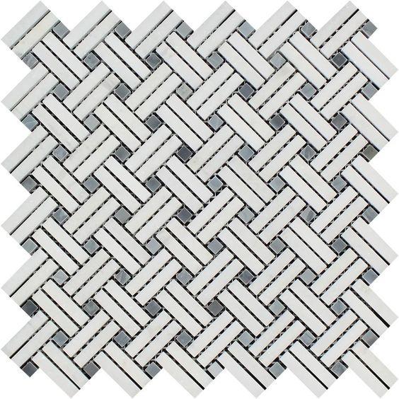 Flat view of Thassos White Stanza Mosaic with blue dot inserts