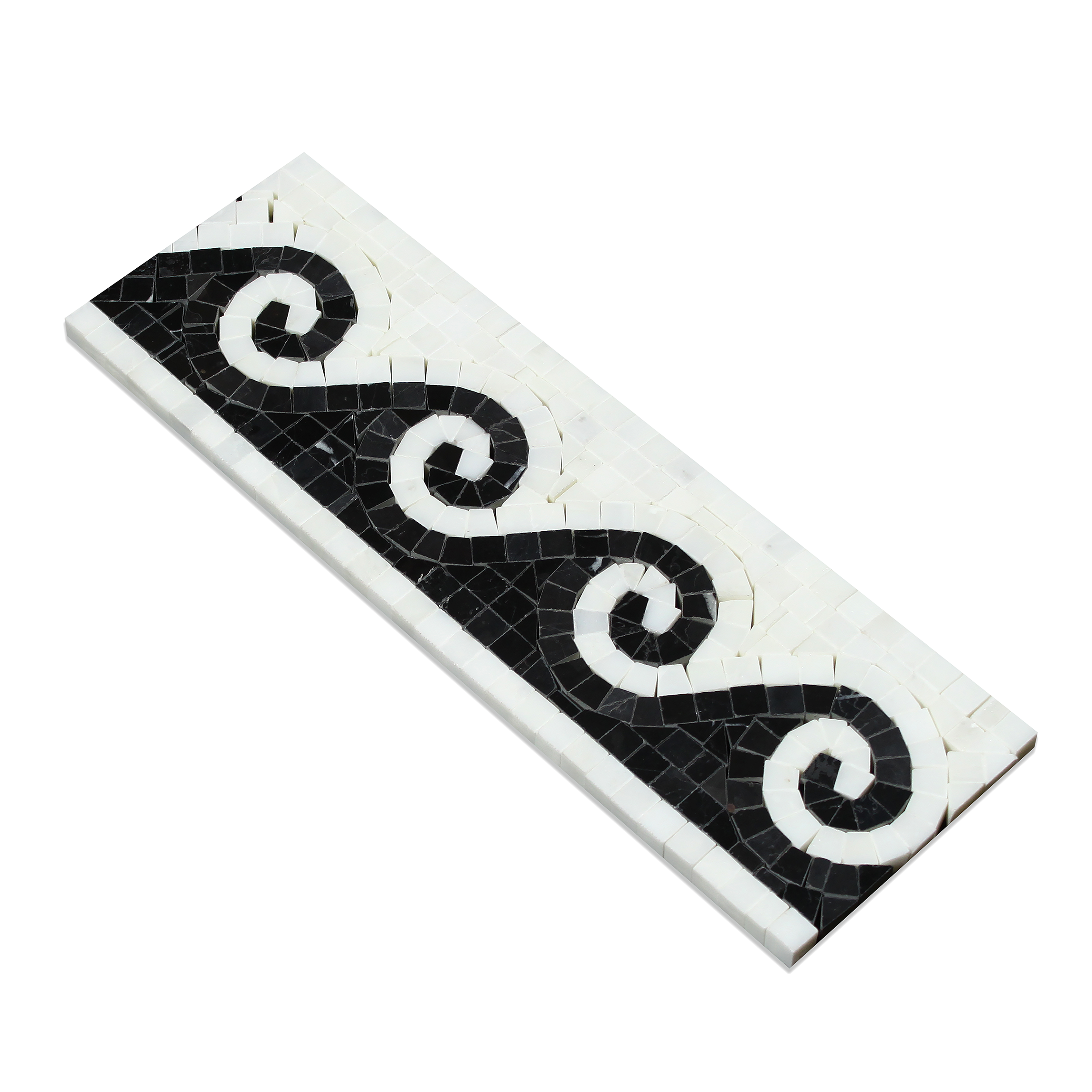 Thassos White Wave Border Black 4x12 tile with polished black wave detail