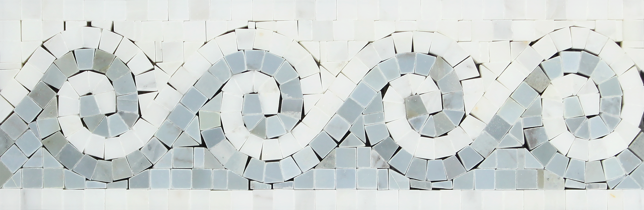 Close-up of blue wave accent on Thassos White marble border