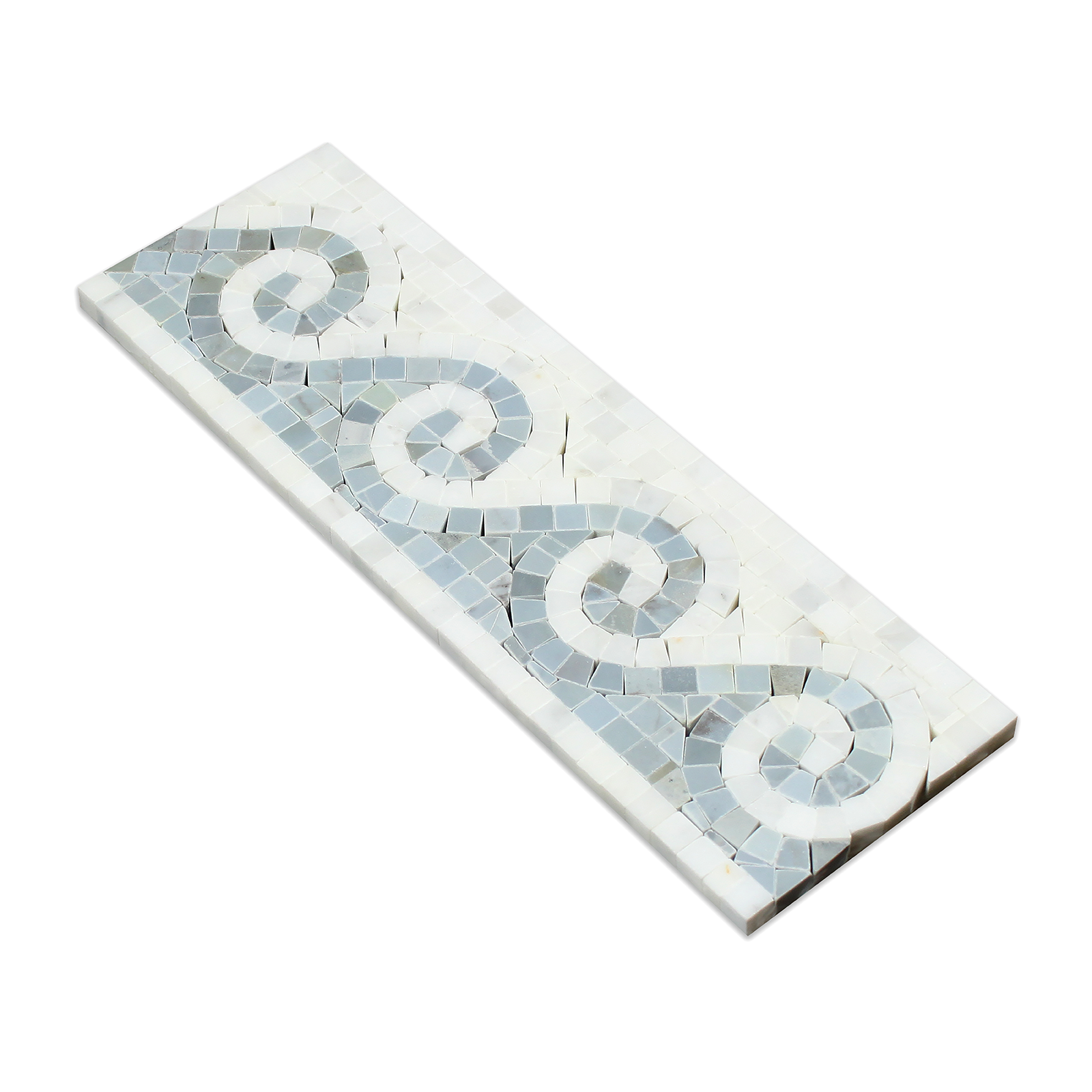Thassos White Wave Border Blue 4x12 tile with polished blue wave detail