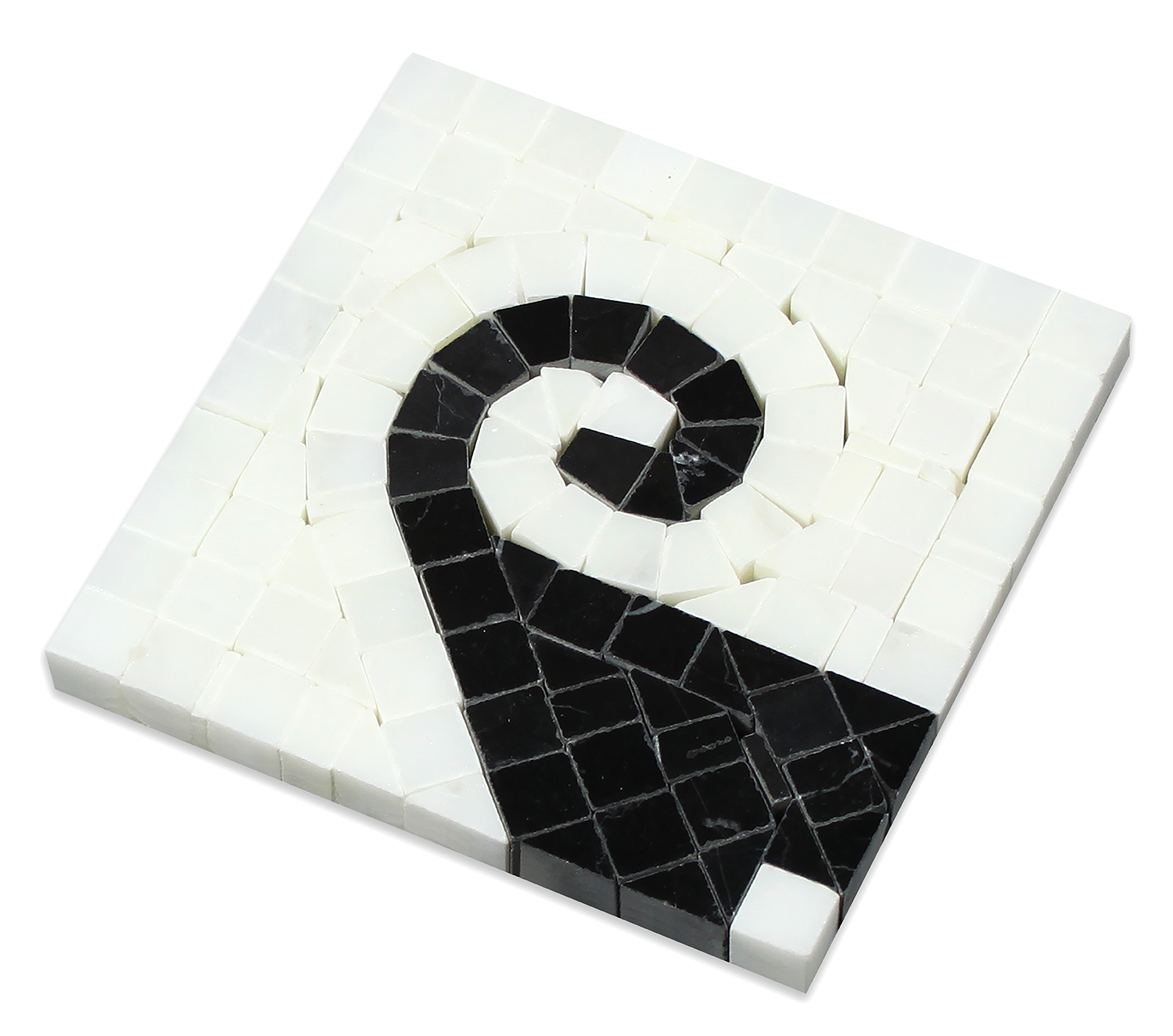 Close-up of black wave accent on Thassos White marble corner tile