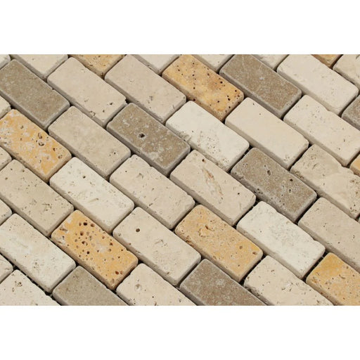 rustic travertine 1x2 backsplash tile close up
