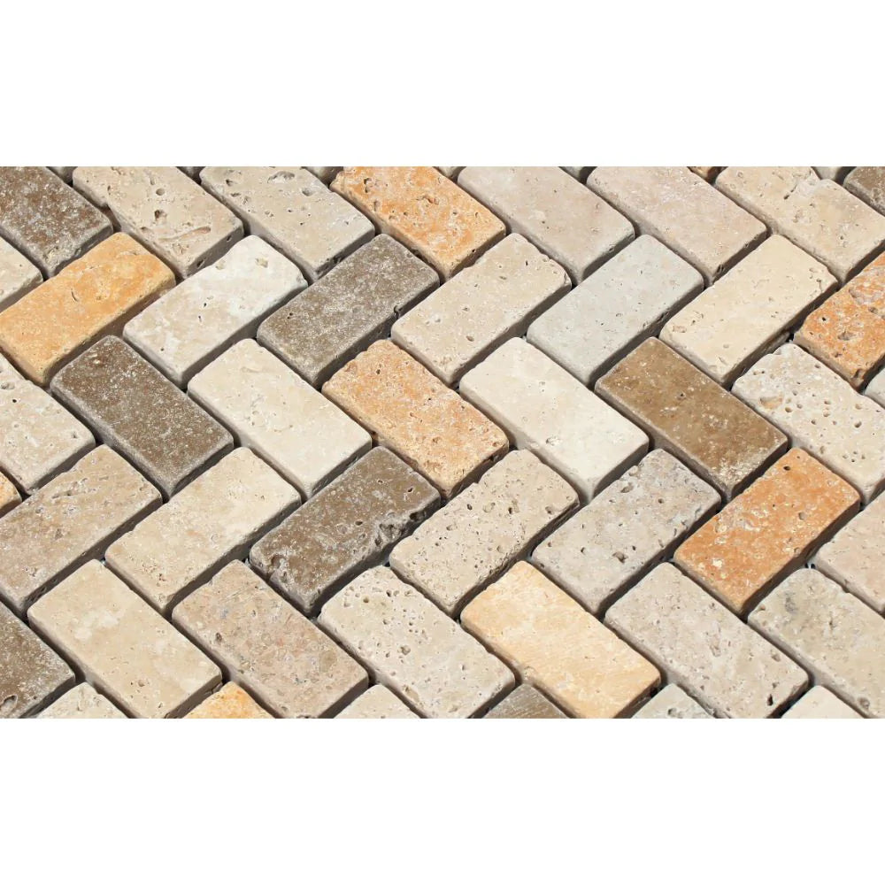 1x2 travertine tumbled mosaic close up