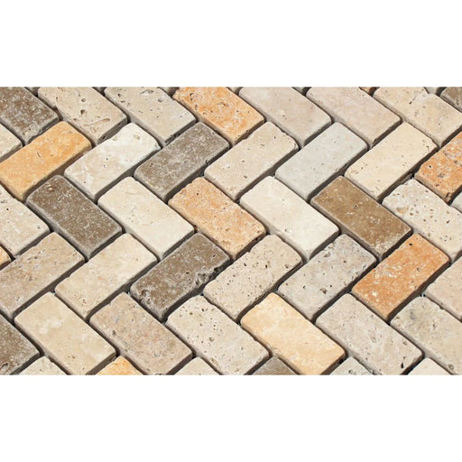 1x2 travertine tumbled mosaic close up
