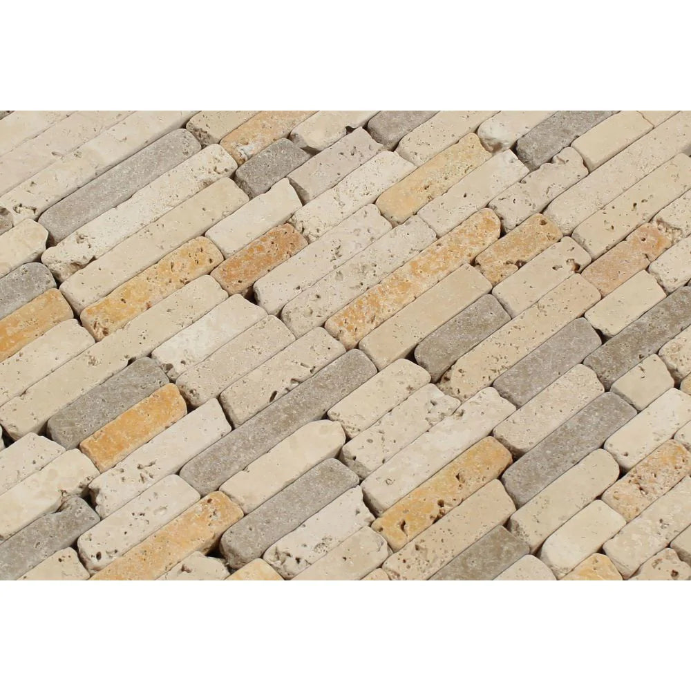 Tuscany Mix Travertine small strip mosaic close-up