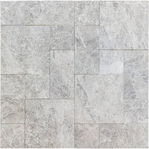 Tundra Grey Marble pavers in Roman pattern with leathered finish