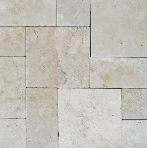 Tuscany Beige Travertine Pavers in Versailles Pattern with ivory-beige tones
