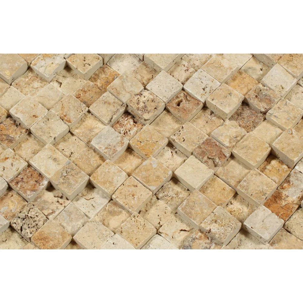 Close-up of Tuscany Gold 3D travertine mosaic showing natural splitface texture and depth