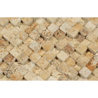 Close-up of Tuscany Gold 3D travertine mosaic showing natural splitface texture and depth