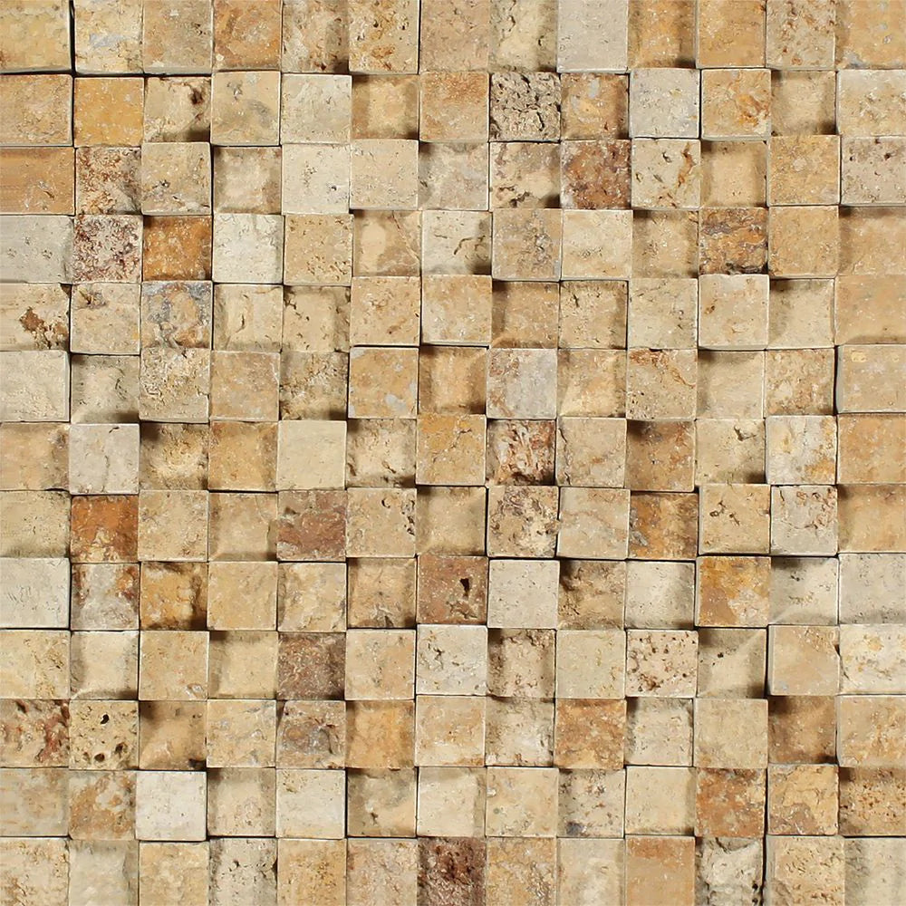 Flat view of Tuscany Gold Travertine 1x1 Splitface 3D Mosaic, mesh-mounted, 12x12 sheet