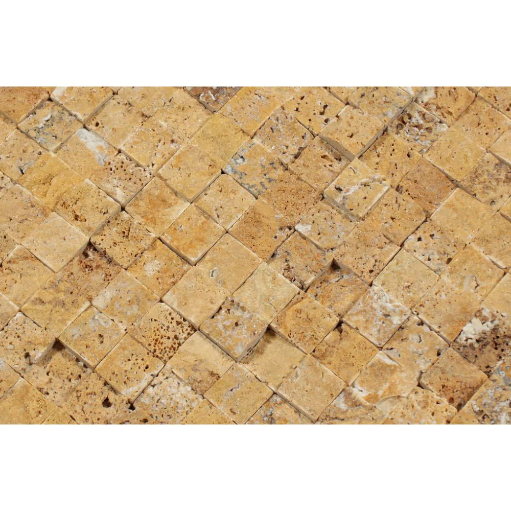 Close-up of Tuscany Gold 1x2 Mosaic showing splitface texture and natural stone variation