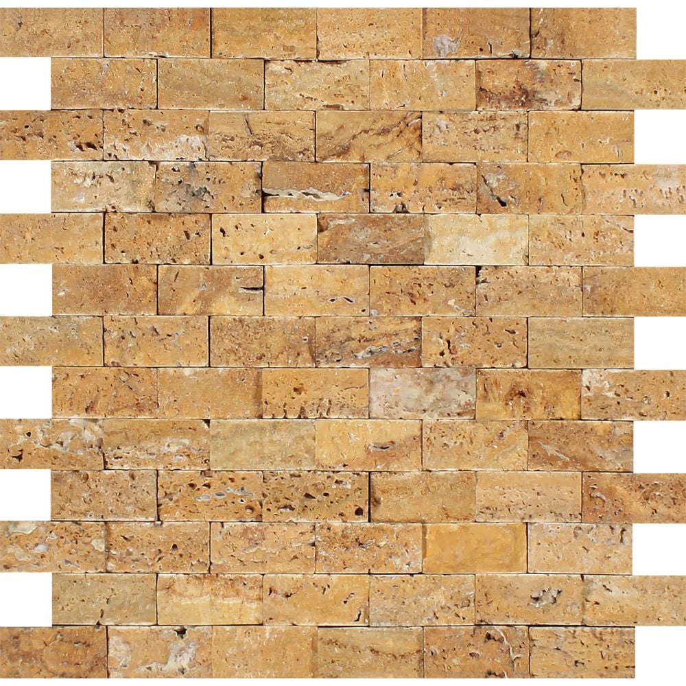 Flat view of Tuscany Gold 1x2 Splitface Mosaic in mesh-mounted 12x12 sheet