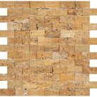 Flat view of Tuscany Gold 1x2 Splitface Mosaic in mesh-mounted 12x12 sheet