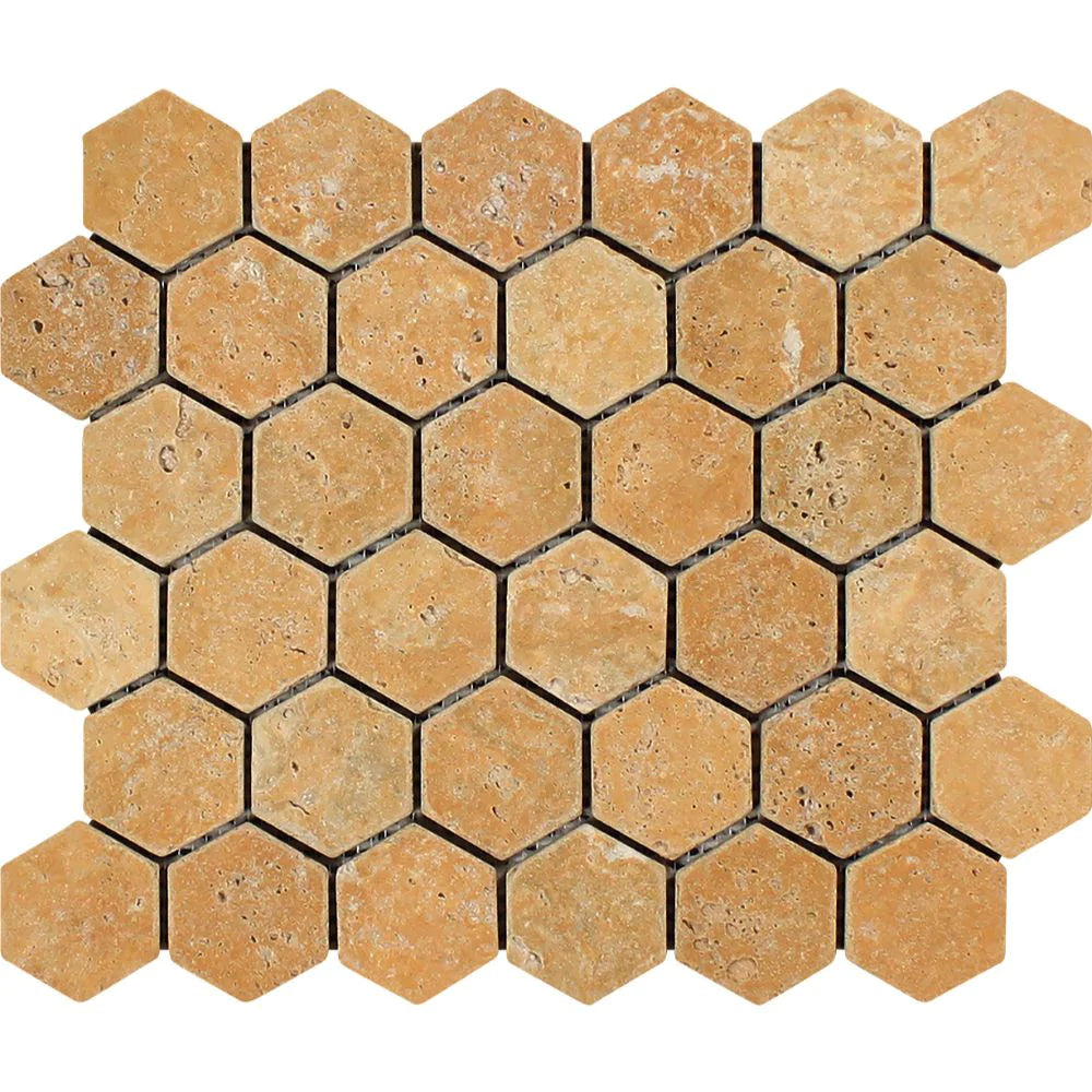 Flat view of Tuscany Gold Travertine 2x2 Hexagon Mosaic, tumbled finish, 12x12 mesh-mounted sheet