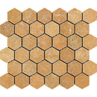 Flat view of Tuscany Gold Travertine 2x2 Hexagon Mosaic, tumbled finish, 12x12 mesh-mounted sheet