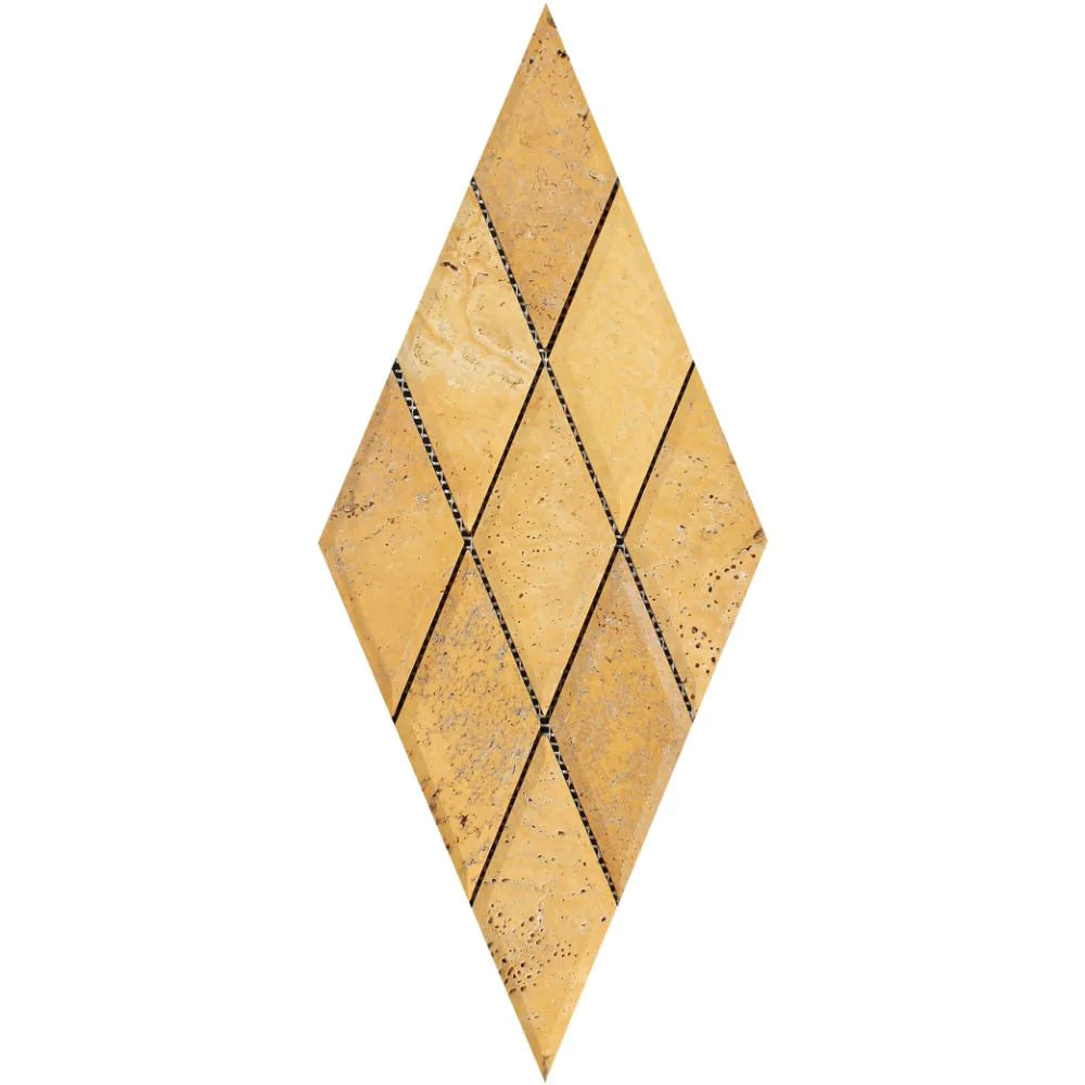 Flat view of Tuscany Gold Travertine 3x6 Deep Beveled Mosaic in honed finish, mesh-mounted