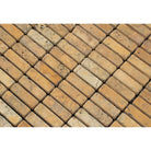 Detail of Tuscany Gold 5/8x2 mosaic tiles showing tumbled edges and natural variation