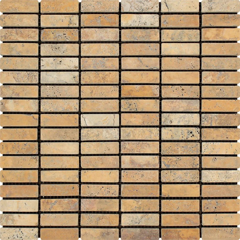 Flat view of Tuscany Gold Travertine 5/8x2 tumbled mosaic sheet with rustic finish