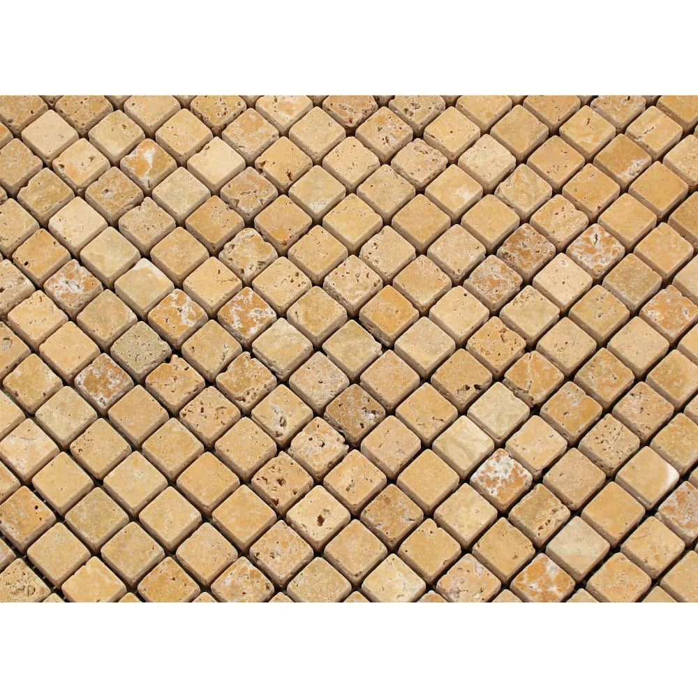 Close-up showing tumbled edges and warm golden tones of Tuscany Gold Travertine Mosaic