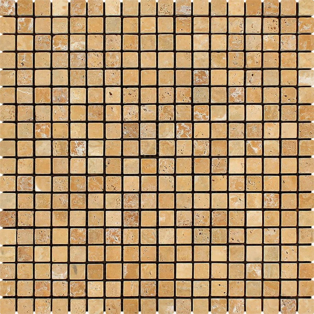 Top view of Tuscany Gold 5/8x5/8 Travertine Mosaic Sheet in tumbled finish