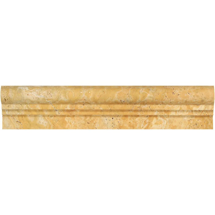 Close-up of natural travertine chair rail showing subtle curves and warm golden tones