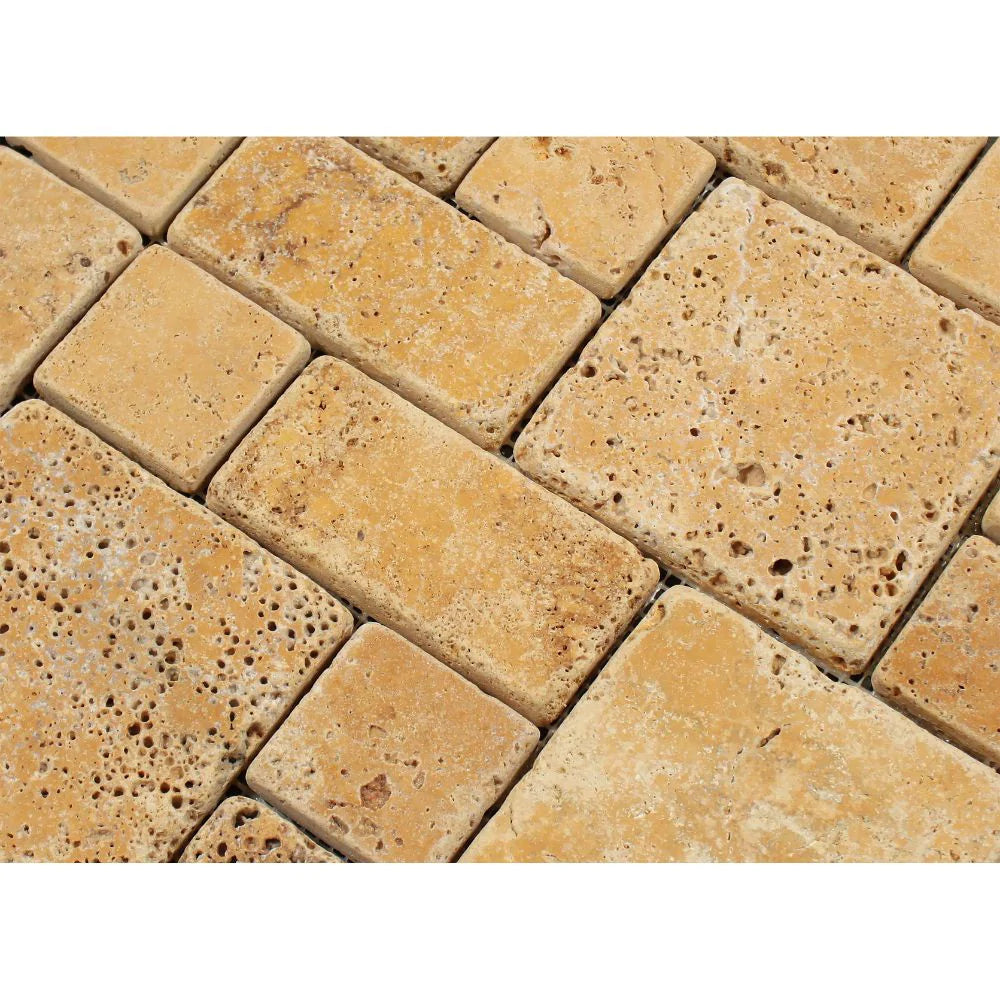 Close-up of mini-format travertine pattern with tumbled edges and natural warm tones