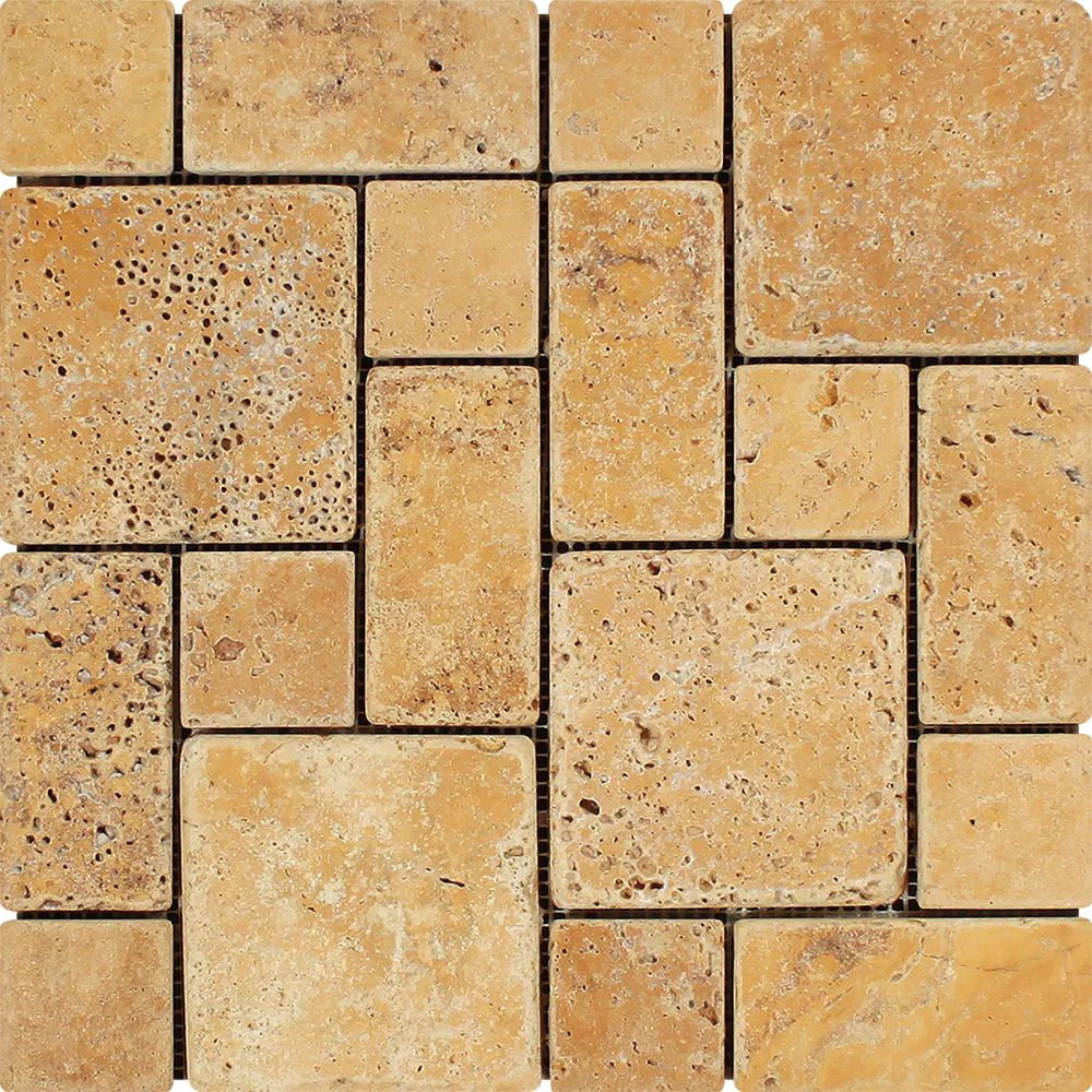 Flat view of Tuscany Gold Travertine Mini Pattern Mosaic, tumbled finish, mesh-mounted 12x12 sheet