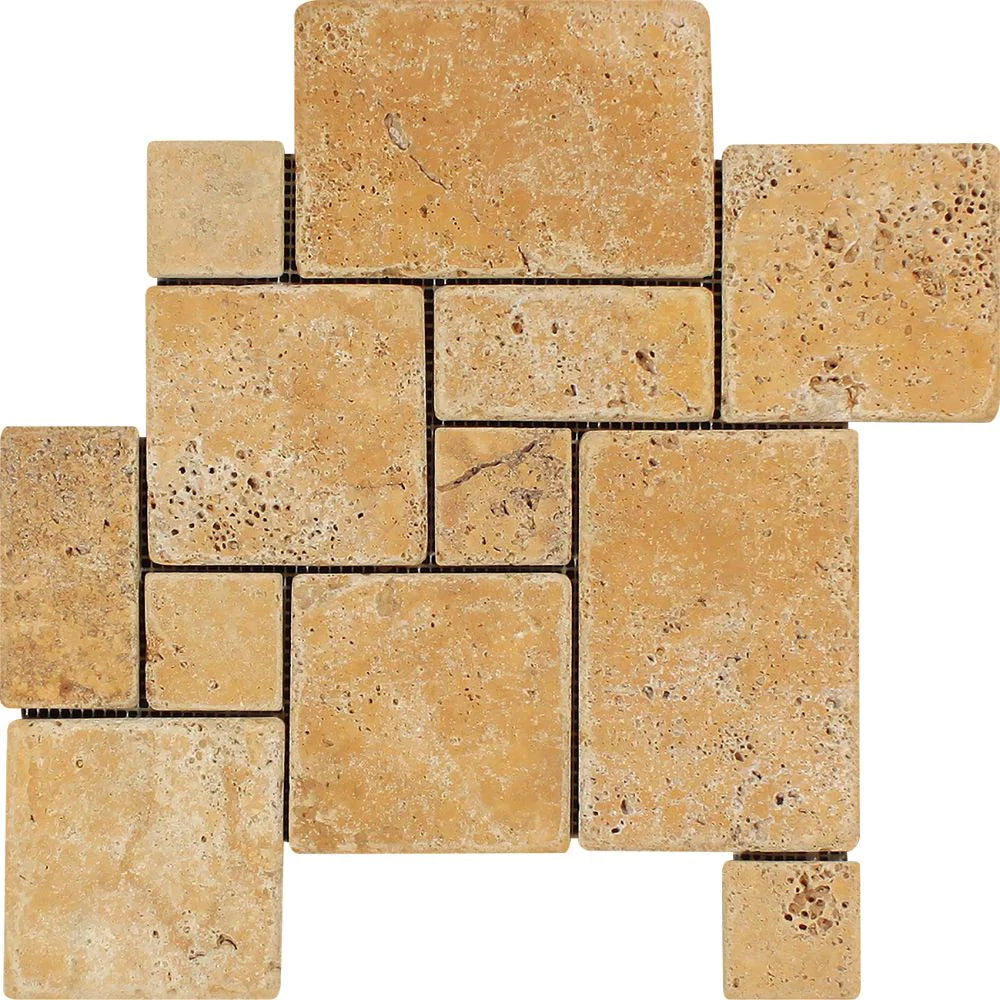 Top view of Tuscany Gold Travertine Opus Pattern Mosaic, 12x12 mesh-mounted, tumbled finish
