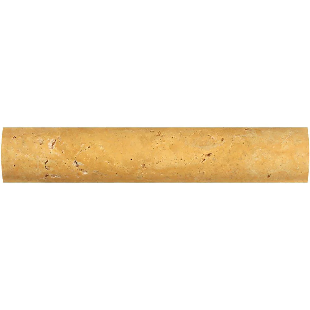Close-up of quarter round travertine molding with curved profile and soft golden tones