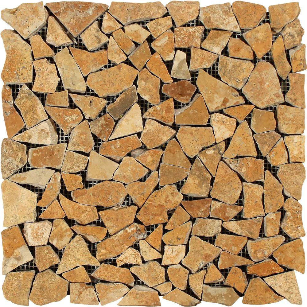 Top view of Tuscany Gold Travertine Random Pattern Mosaic, tumbled finish, 12x12 mesh sheet