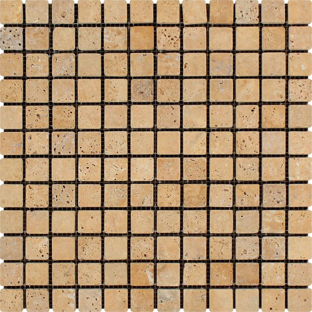 Top-down view of Tuscany Gold Travertine 1x1 Tumbled Mosaic Tile on 12x12 sheet
