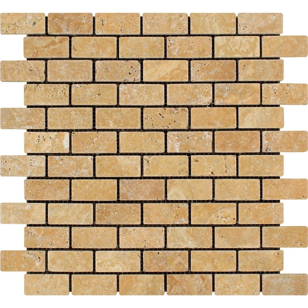Flat view of Tuscany Gold Travertine 1x2 Tumbled Mosaic on 12x12 sheet