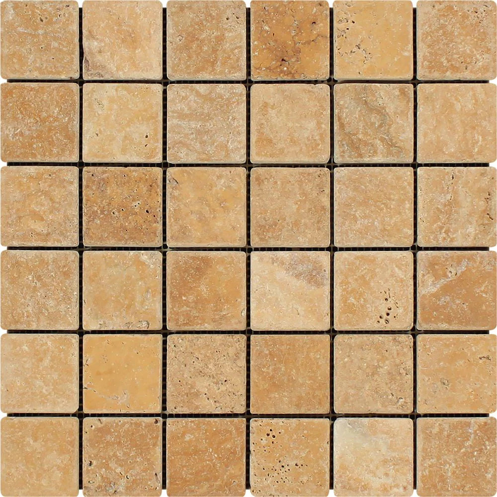 Flat view of Tuscany Gold Travertine 2x2 tumbled mosaic tiles on 12x12 sheet