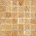 Flat view of Tuscany Gold Travertine 2x2 tumbled mosaic tiles on 12x12 sheet