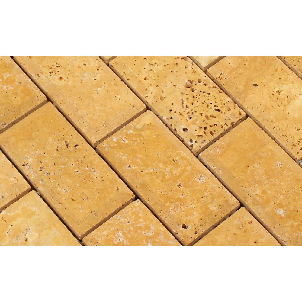 Close-up of Tuscany Gold Mosaic with deep beveled edges and natural golden tones