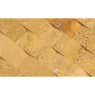 Close-up of CNC-arched 2x4 travertine mosaic in Tuscany Gold tones and honed finish