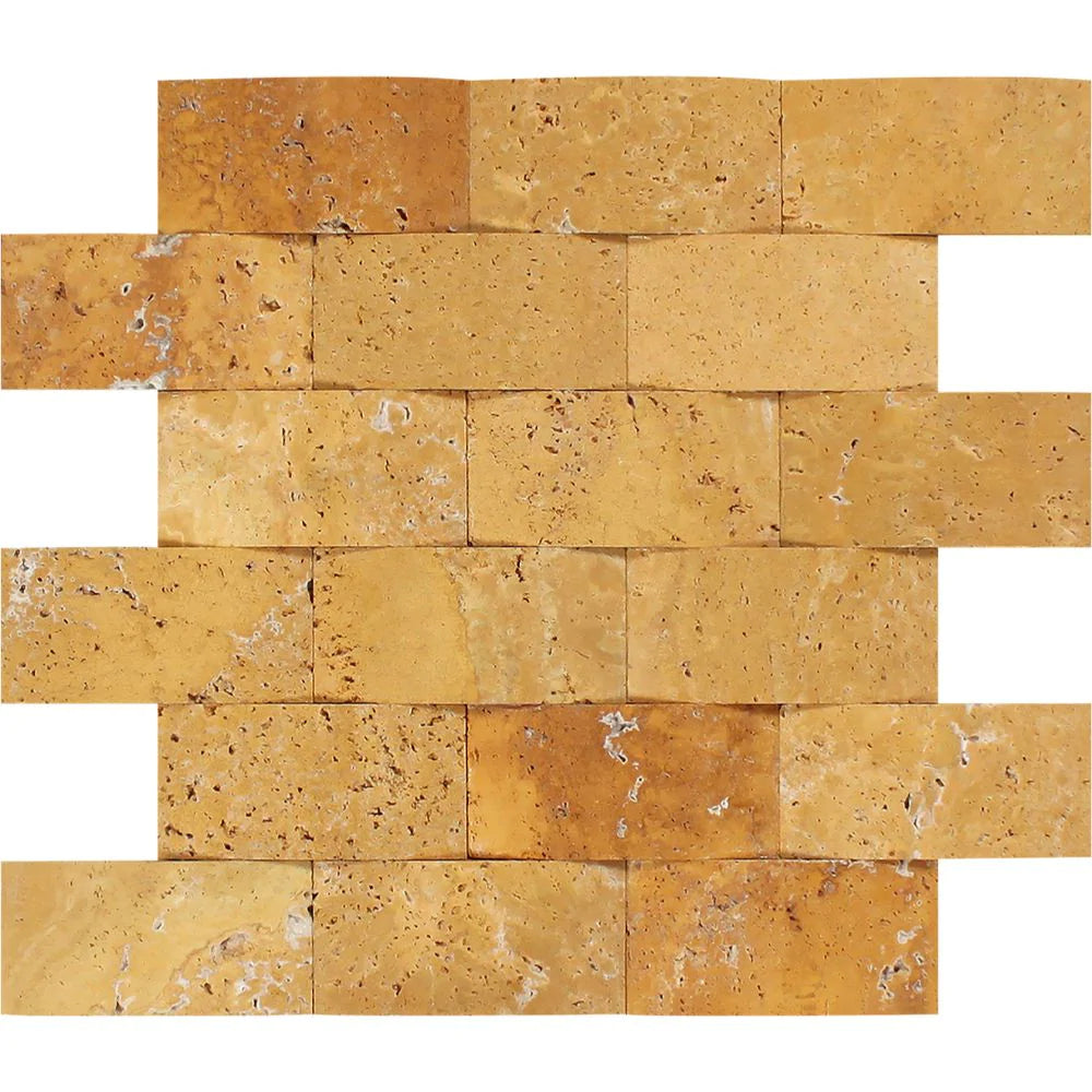 Flat view of Tuscany Gold Travertine CNC Arched Mosaic 2x4, honed finish, mesh-mounted